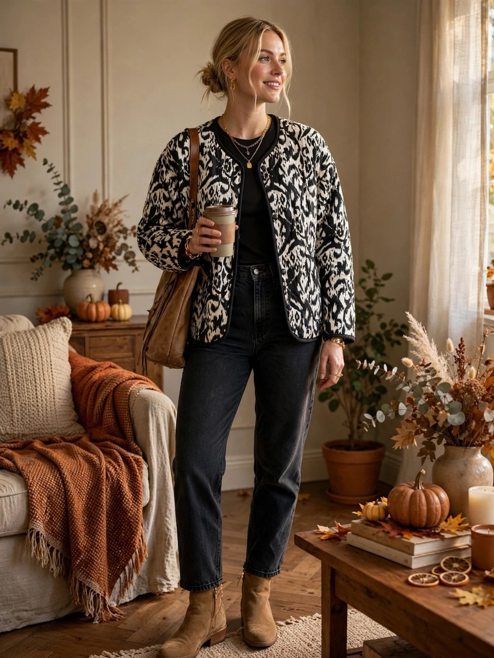 Tahari Black White Ikat Quilted Snap Front Jacket Pockets | Size L
